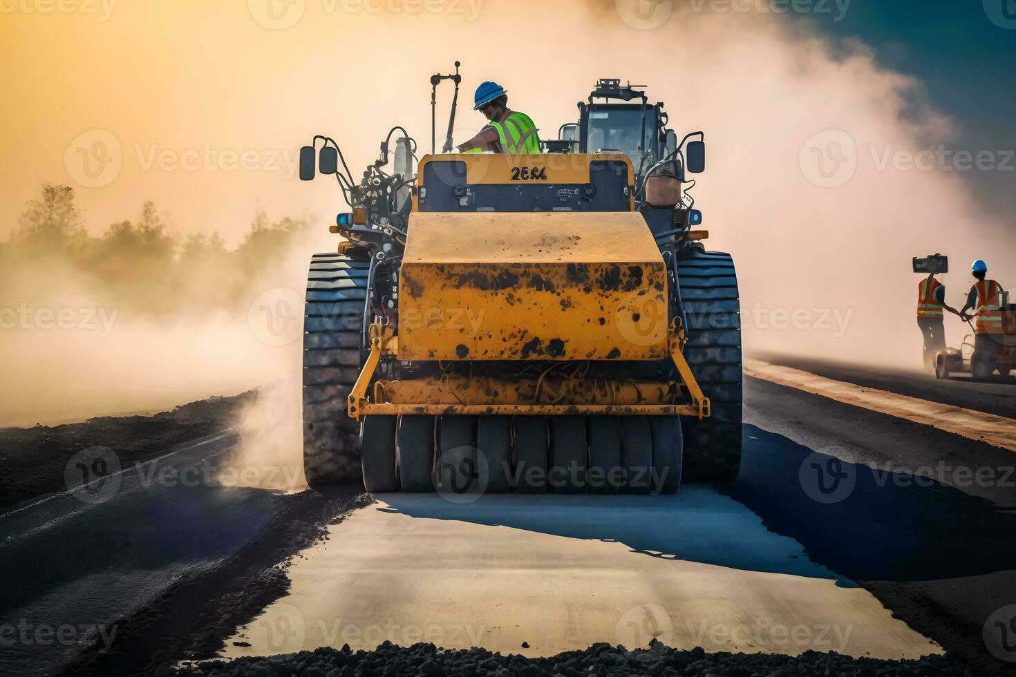 Worker operating asphalt paver machine finisher during road construction and repairing works. Neural network generated art photo