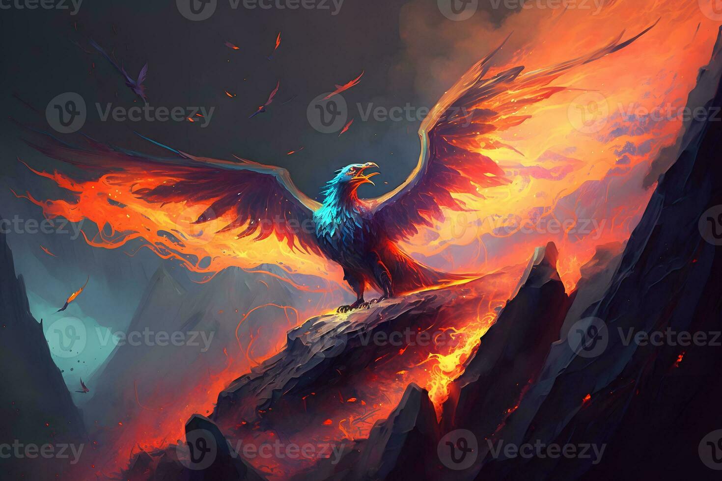 Raise of burning bird phoenix in the volcanic landscape. Neural network generated art photo