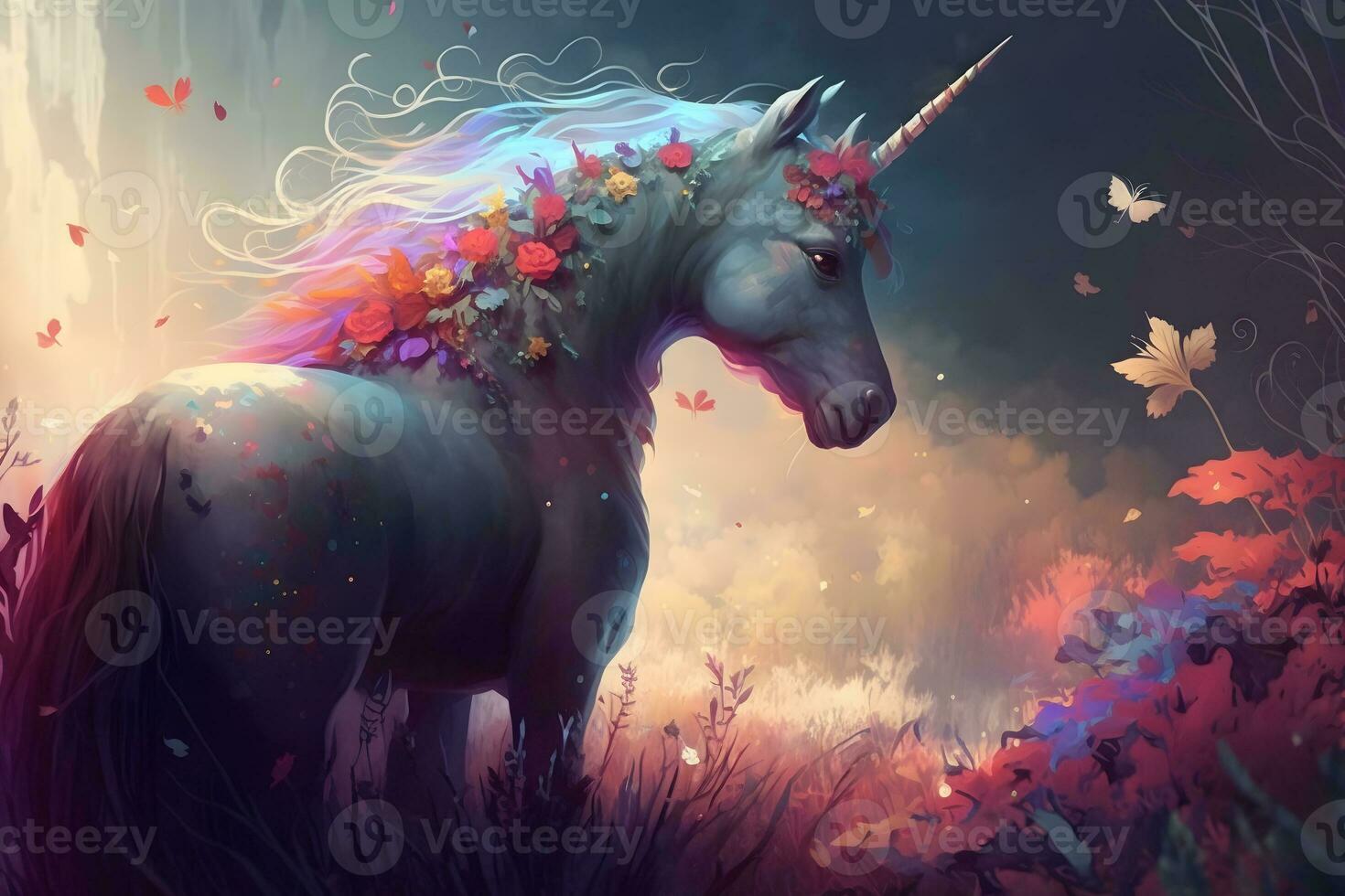 Magic unicorn in fantastic world with fluffy clouds and fairy meadows. Neural network generated art photo