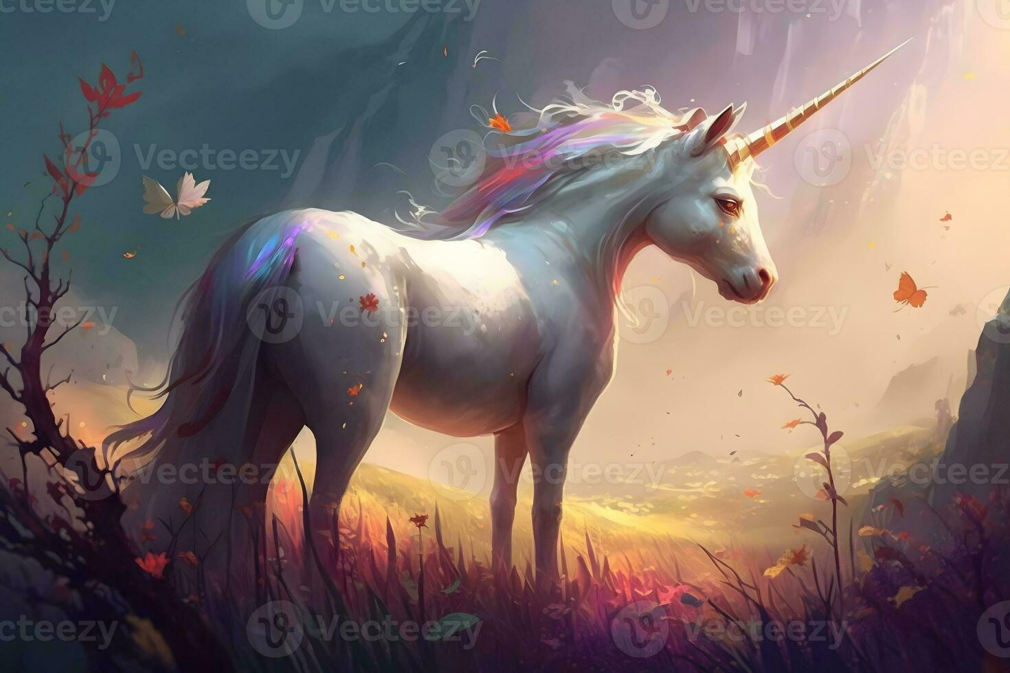 Magic unicorn in fantastic world with fluffy clouds and fairy meadows. Neural network generated art photo