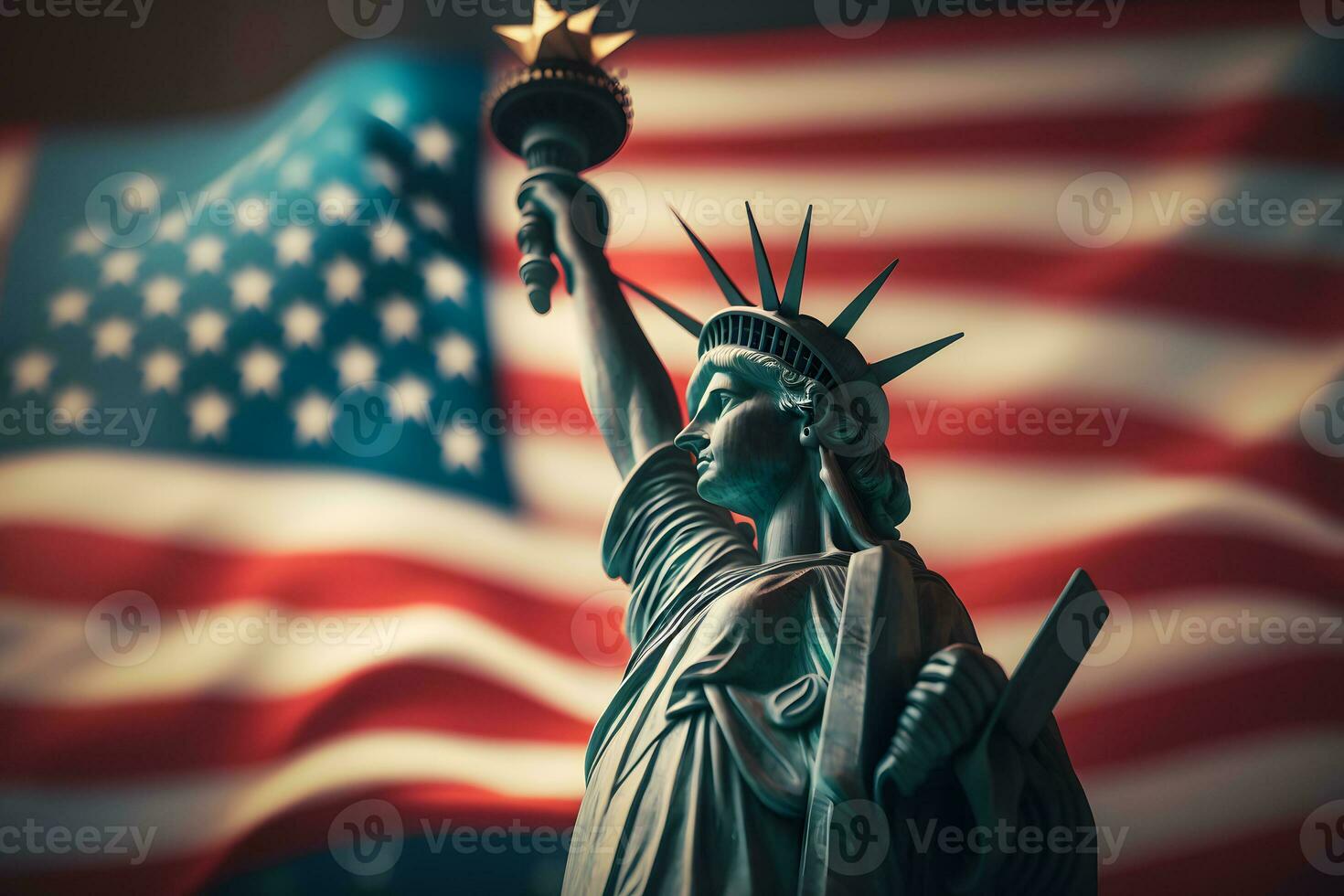 Statue of Liberty on the background of the American flag. Democracy and freedom concept. Neural network AI generated art photo