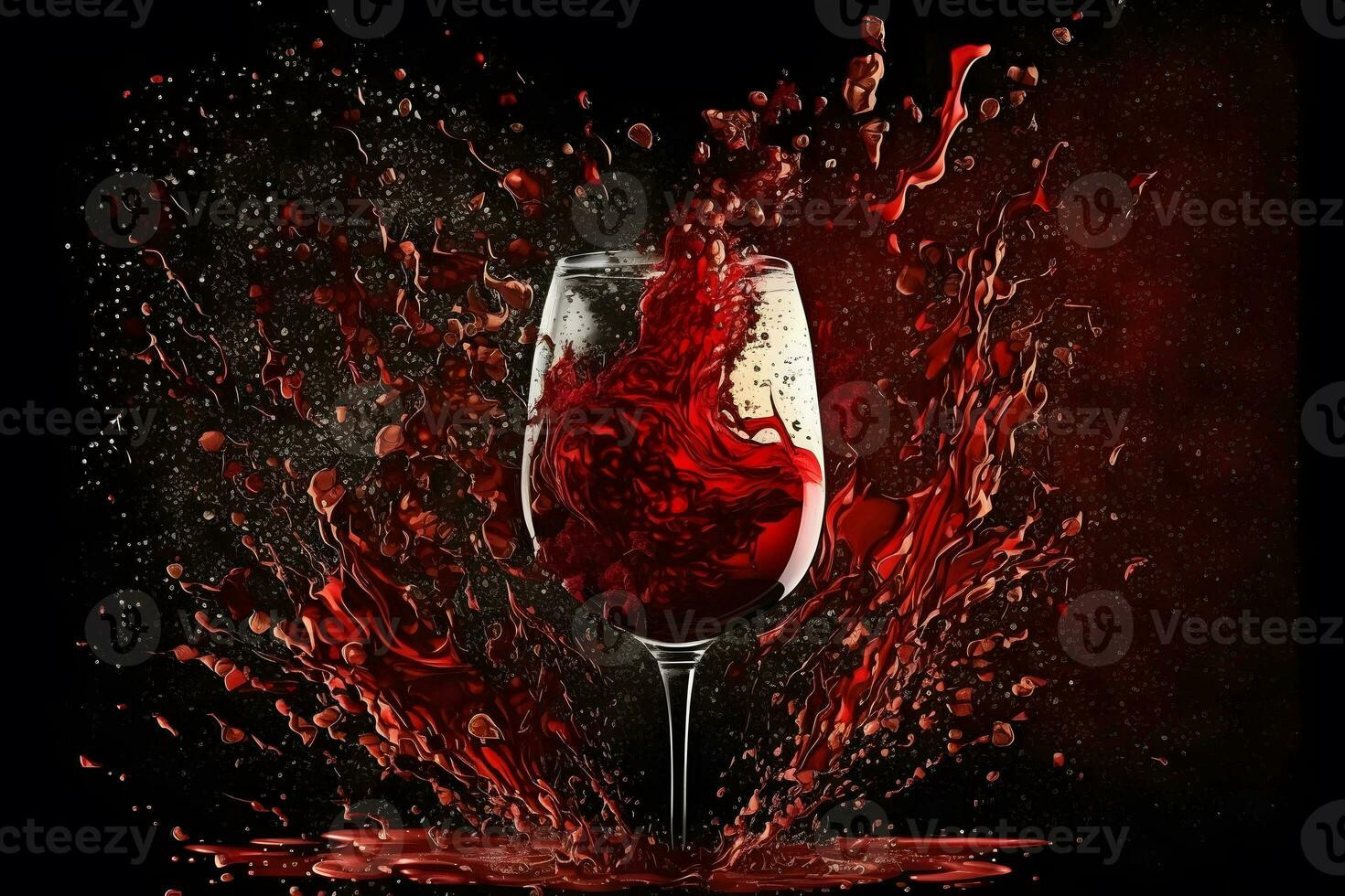 Glass with splash of red wine on black background. Neural network generated art photo