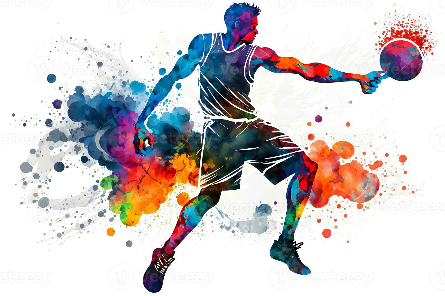 Basketball watercolor splash player in action with a ball isolated on white background. Neural network generated art photo