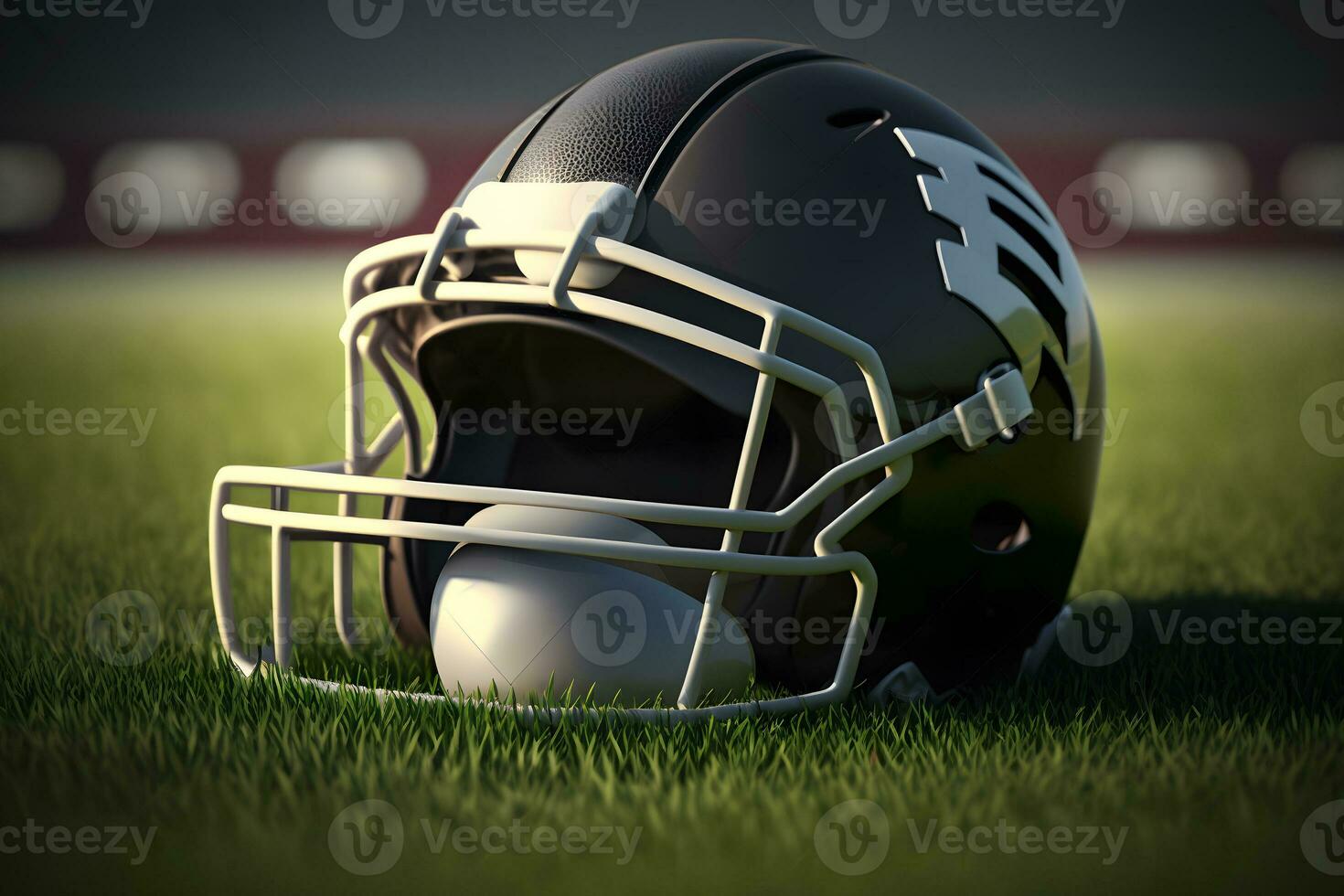 American football helmet on green grass. Neural network AI generated art photo