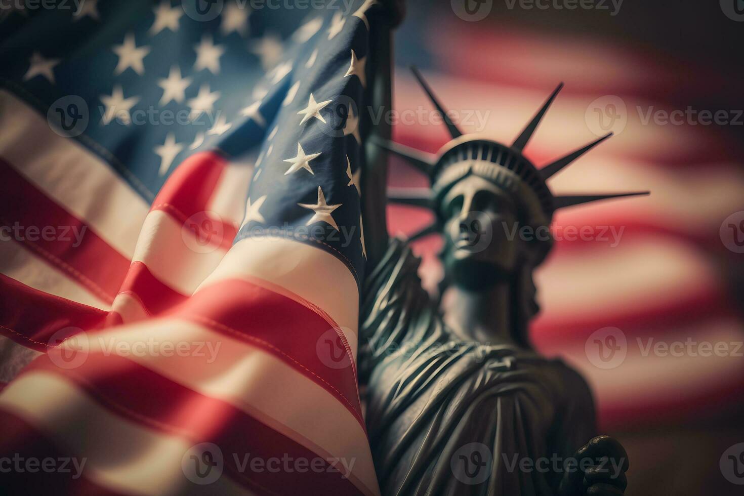 Statue of Liberty on the background of the American flag. Democracy and freedom concept. Neural network AI generated art photo