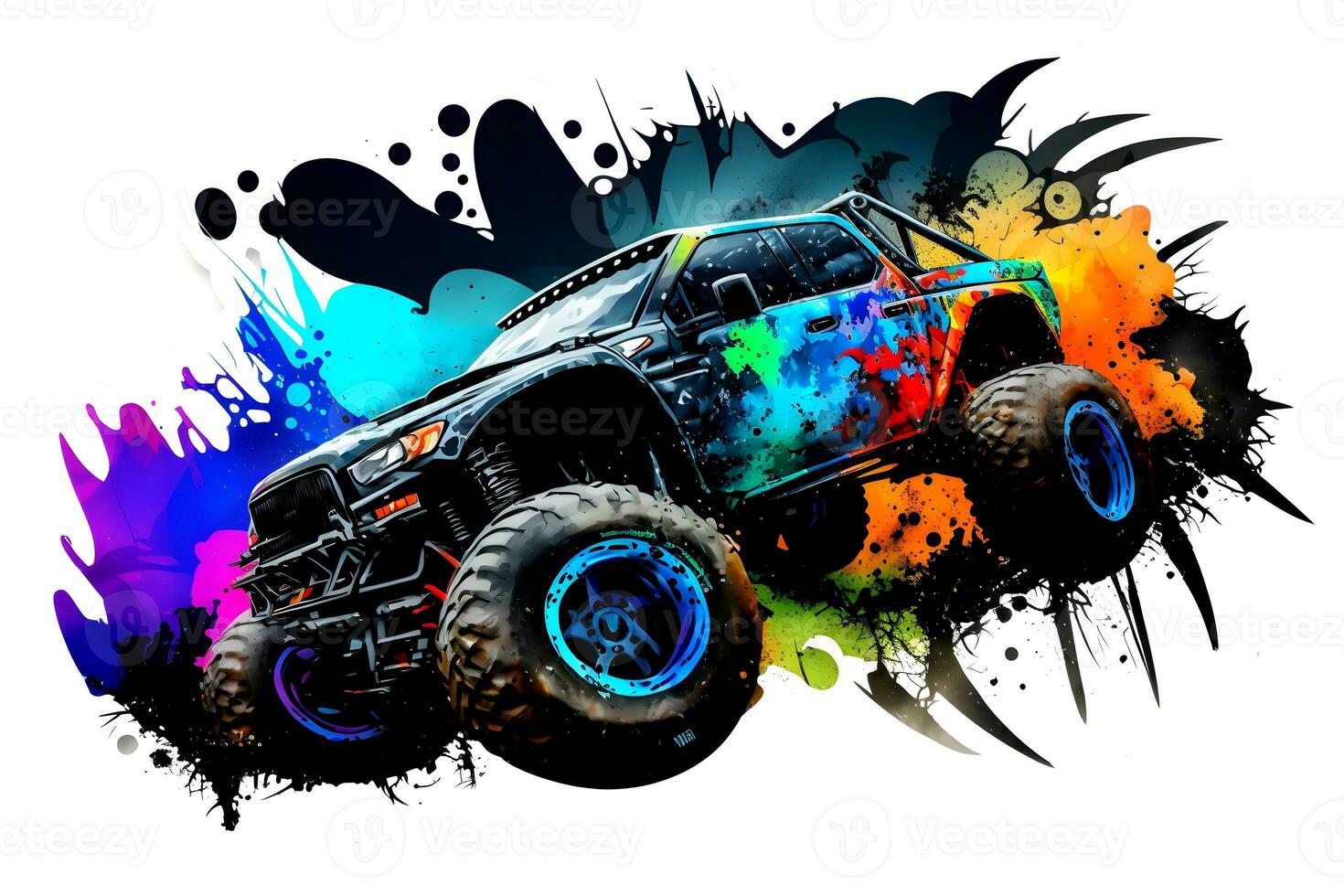 Monster truck sticker with multicolored paint splash. Neural network generated art photo