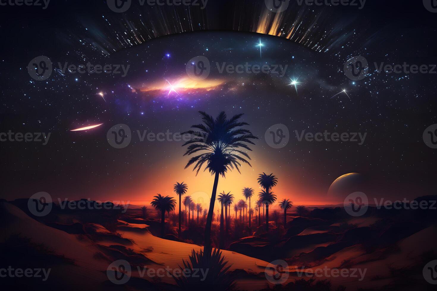 Fantasy futuristic night landscape with palm trees. Neural network AI generated art photo