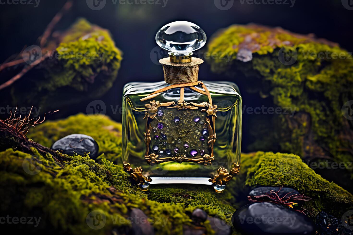 Perfume bottle in a green forest on a mossy substrate. Neural network generated art photo