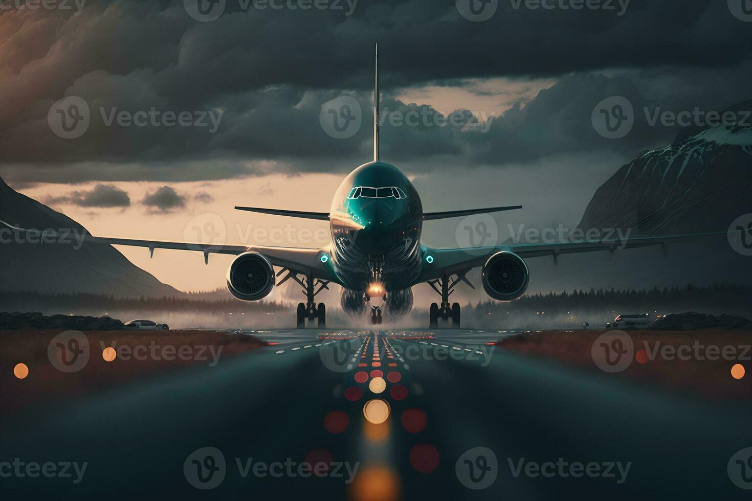 Sunset view of airplane on airport runway under dramatic sky. Neural network AI generated photo