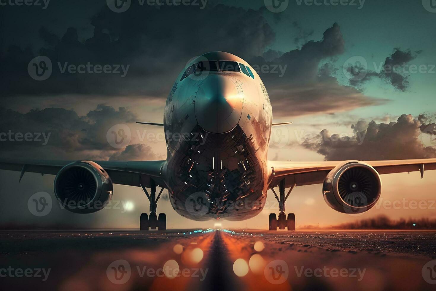 Sunset view of airplane on airport runway under dramatic sky. Neural network AI generated photo