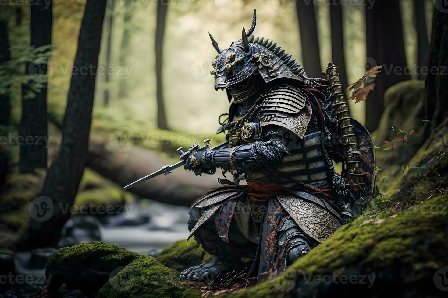 Fantasy dragon samurai in the forest. Neural network AI generated art photo