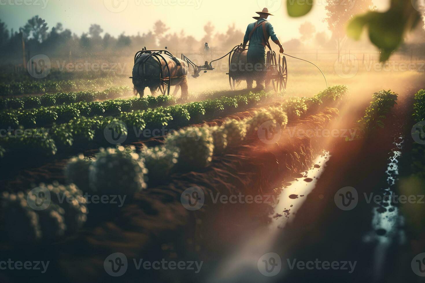 Farmer watering his plants. Neural network AI generated photo