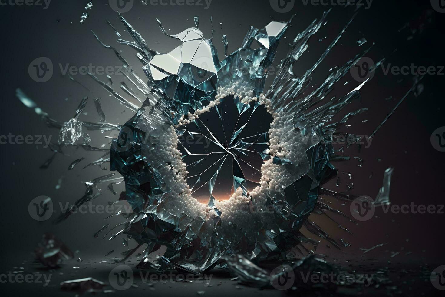 Abstract time freezing image with broken glass figure on dark background. Neural network AI generated photo