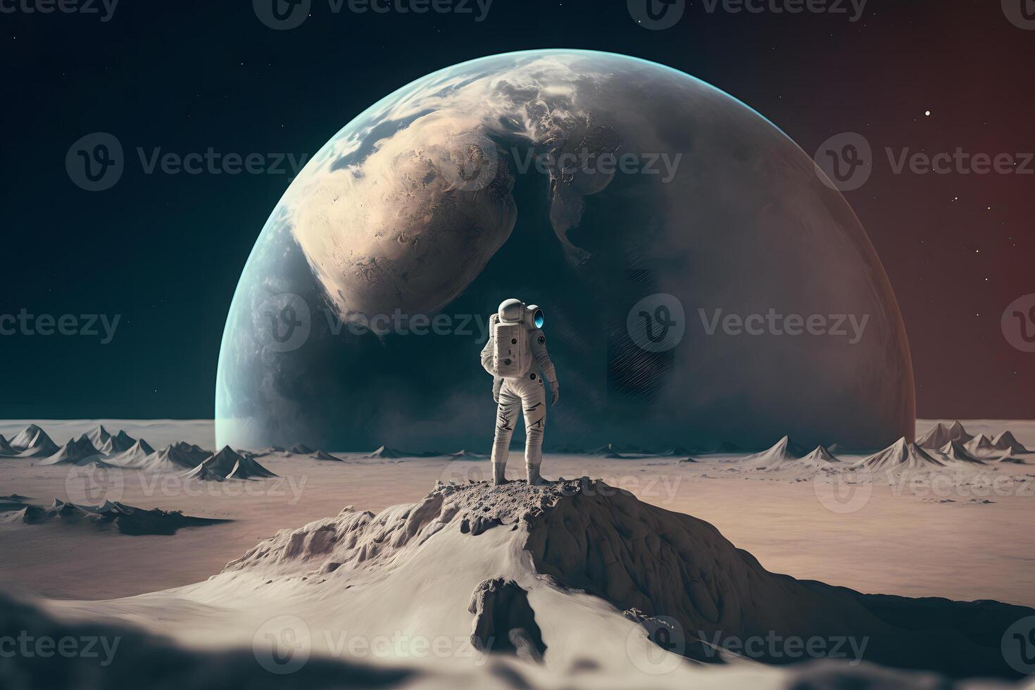 Brave astronaut at the spacewalk on the moon. Neural network AI generated photo