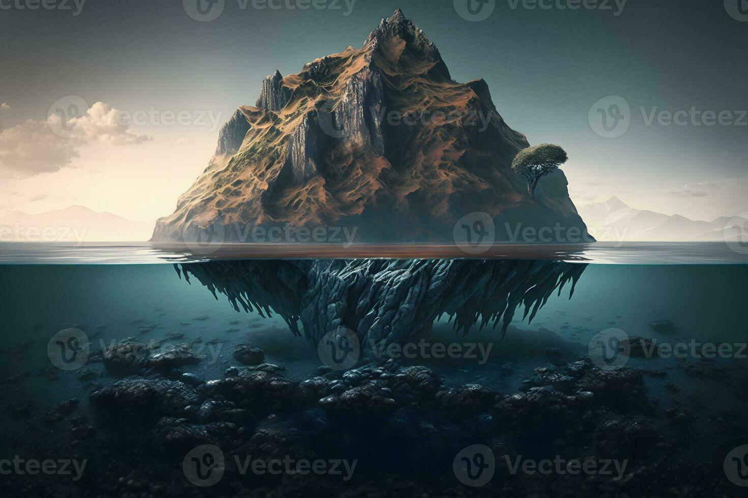 Idyllic underwater view of lone small island above and below the water surface. Neural network AI generated photo