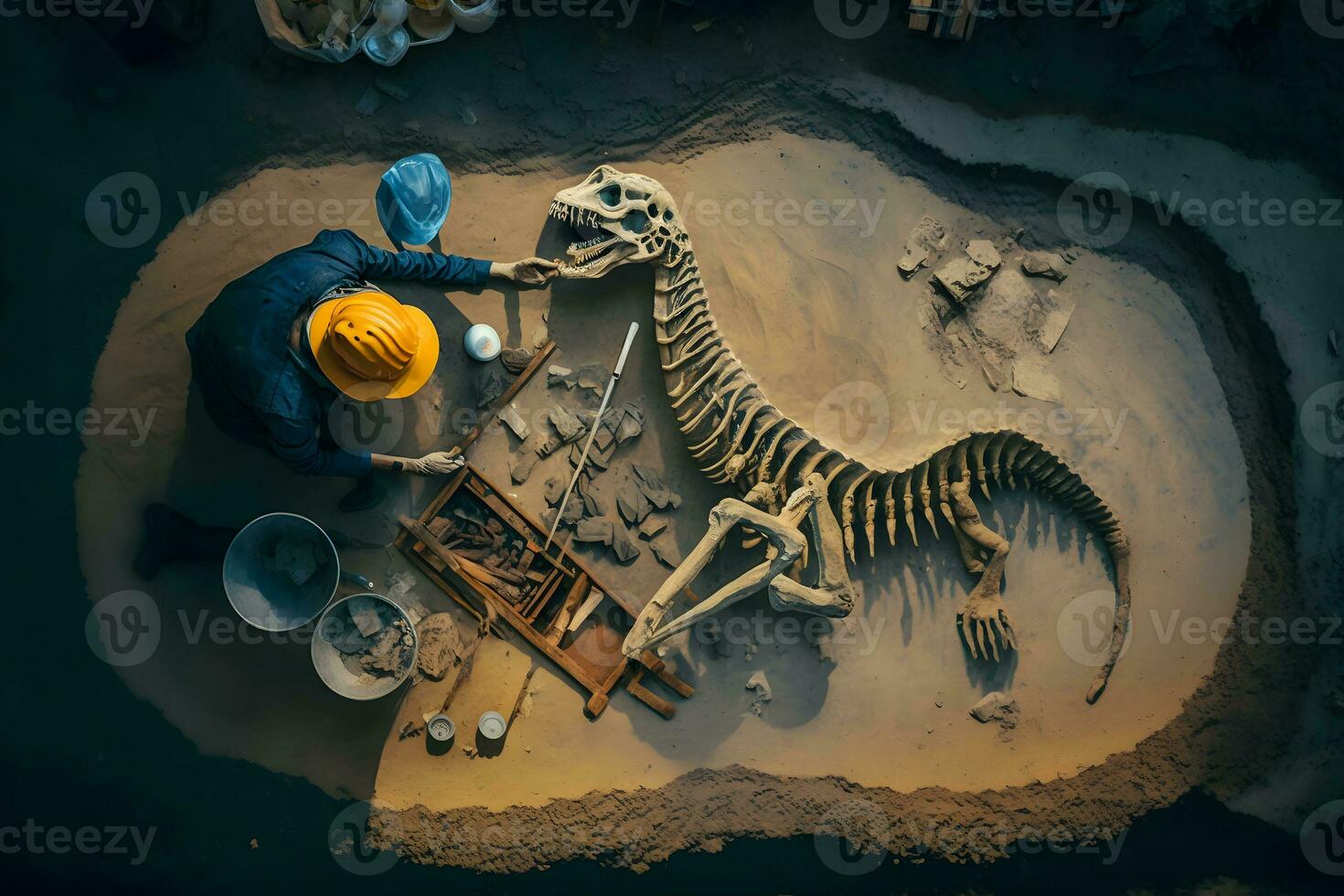 arqueólogo trabajos en un arqueológico sitio con dinosaurio esqueleto en pared Roca fósil tiranosaurio excavaciones neural red ai generado foto