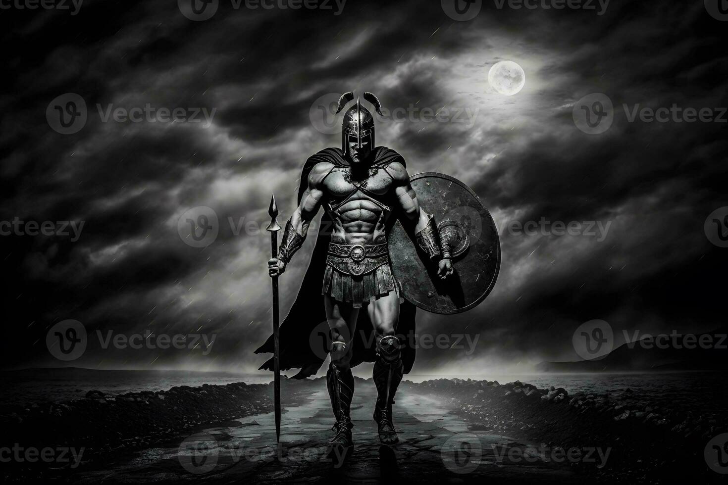 Medieval warrior standing in front of the gloomy clouds. Neural network AI generated photo