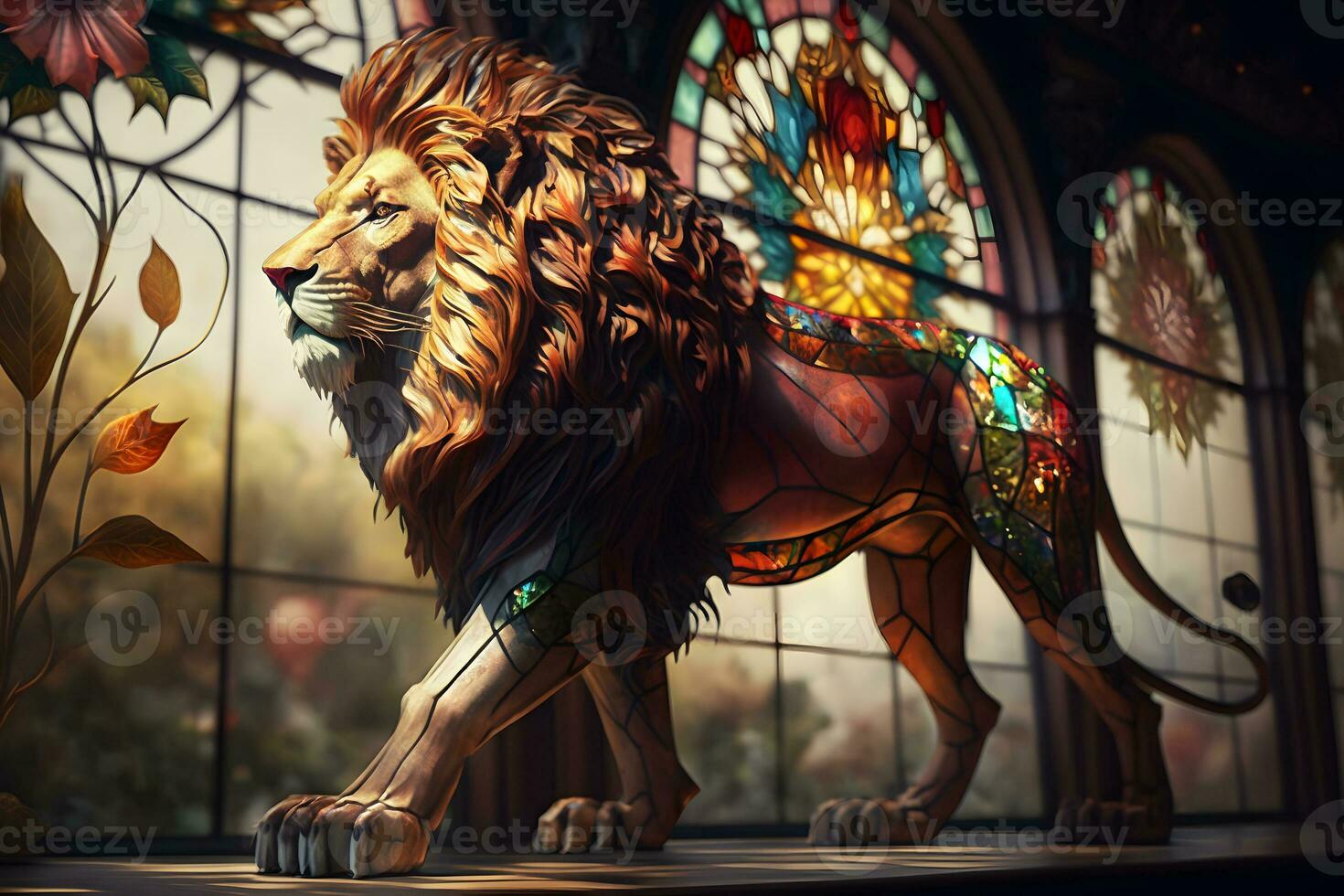 Statue of a lion in the palace against the background of stained glass. Neural network AI generated photo