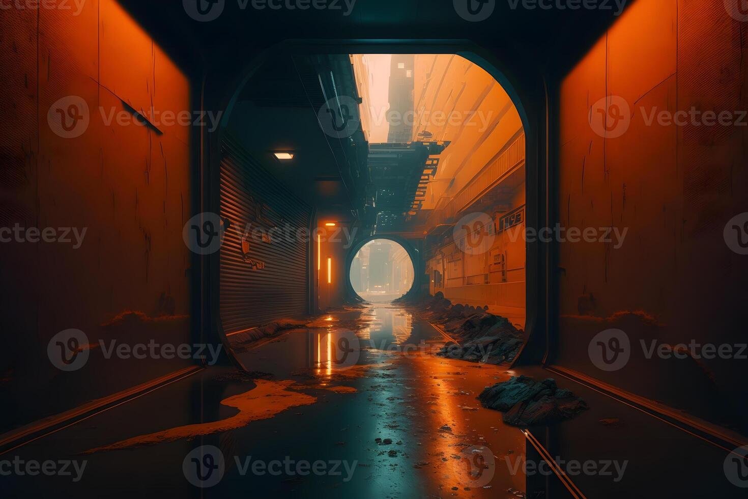 Postapocalyptic tunnel after rain with orange radioactive dust. Neural network AI generated photo