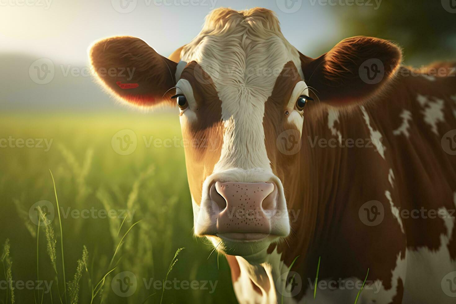Green meadow in mountains and cow, summer landscape. Neural network AI generated photo
