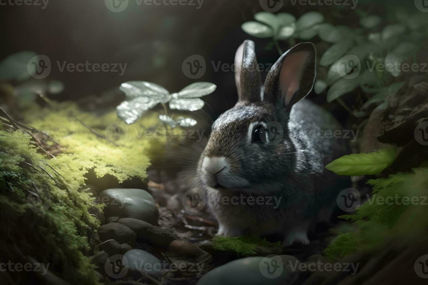 Cute brown hare, lepus europaeus, jumping closer on grass in spring nature. Young brown rabbit coming forward in green wilderness. Neural network AI generated photo