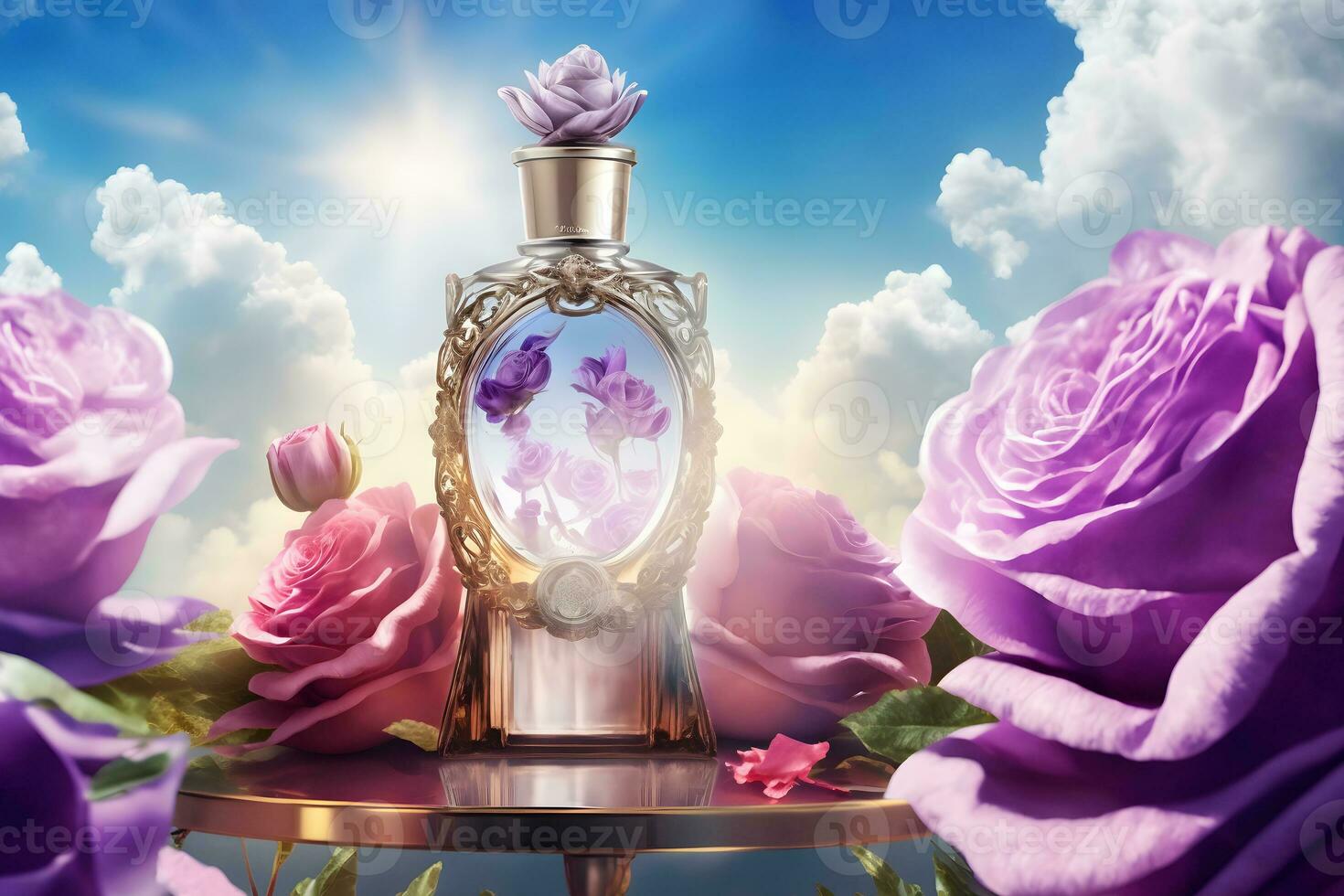 Beautiful perfume bottle with flowers against the sky. Neural network AI generated photo