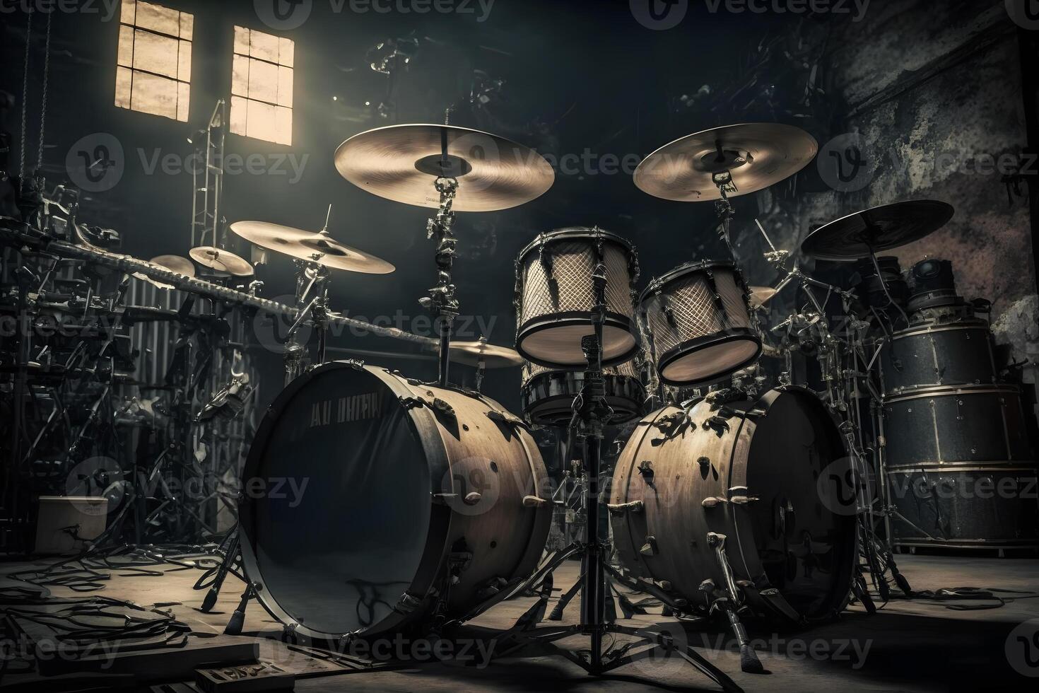 Drum kit in a grunge garage. Neural network AI generated photo