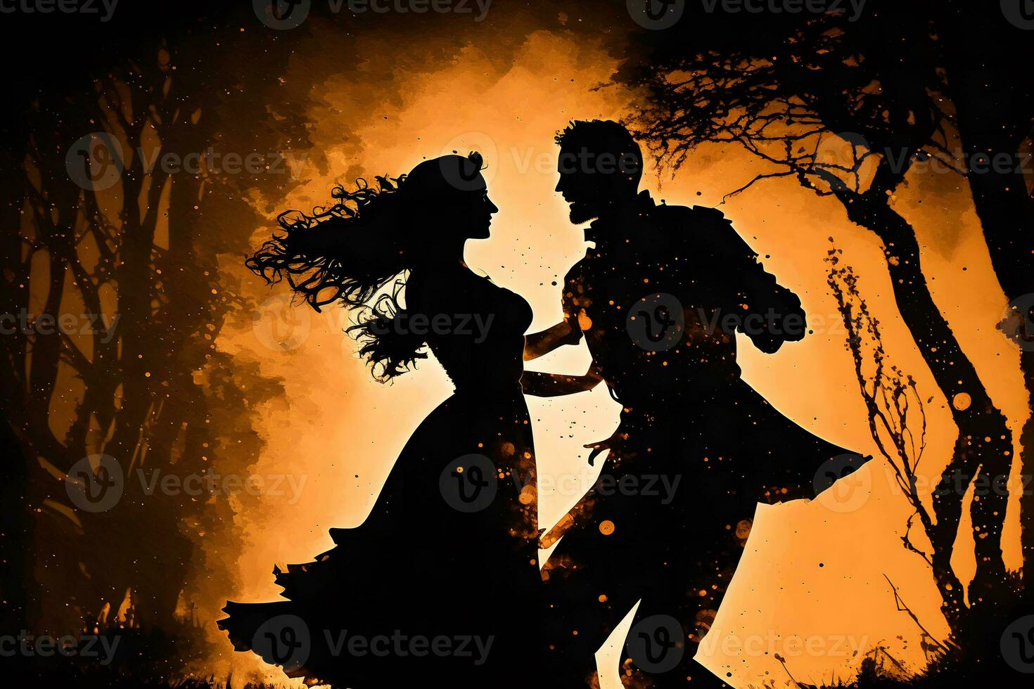 silueta de bailando Pareja en Víspera de Todos los Santos estilo. neural red ai generado foto