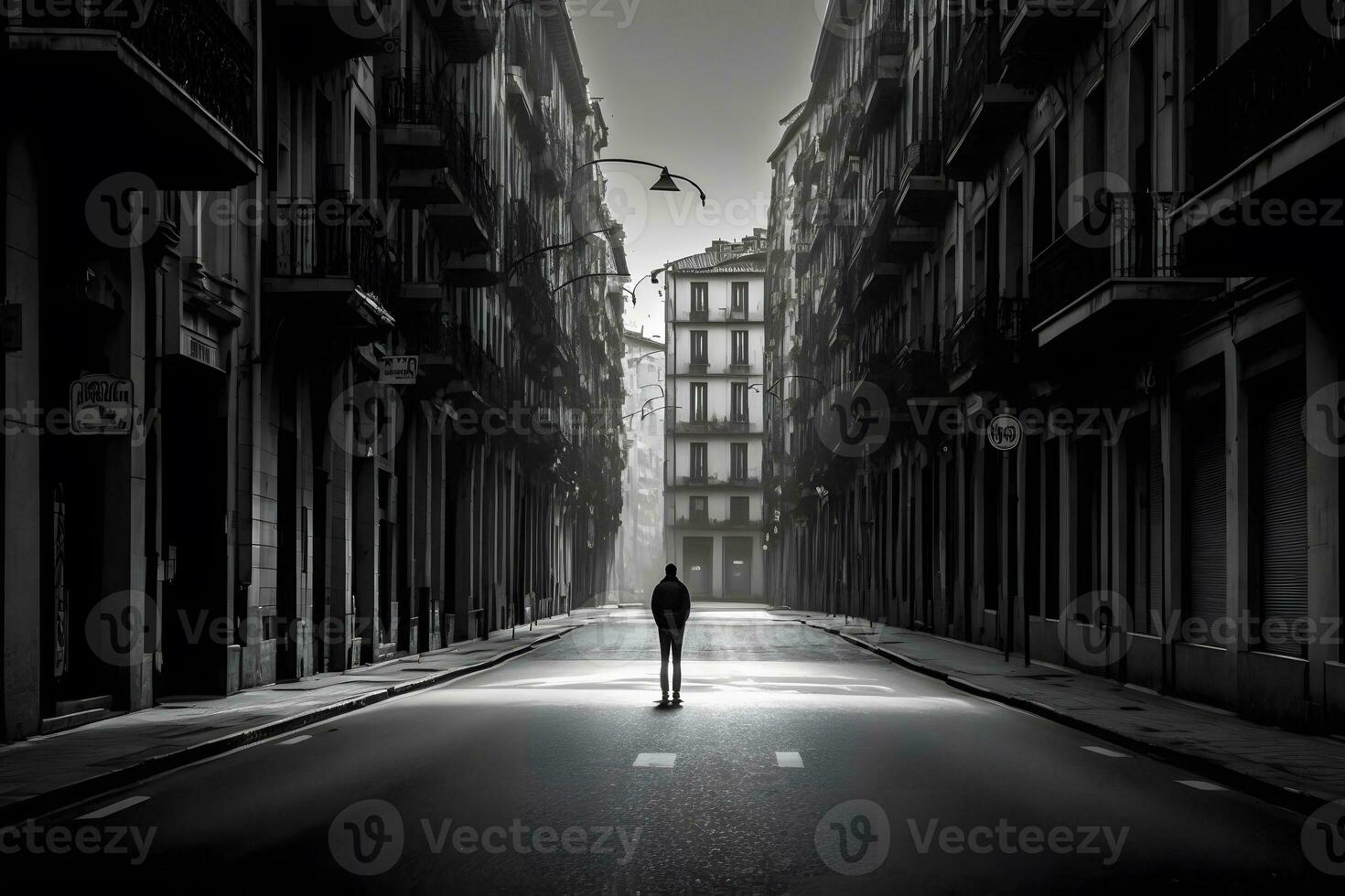 Landscape view of an empty street of a black and white city. Neural network AI generated photo