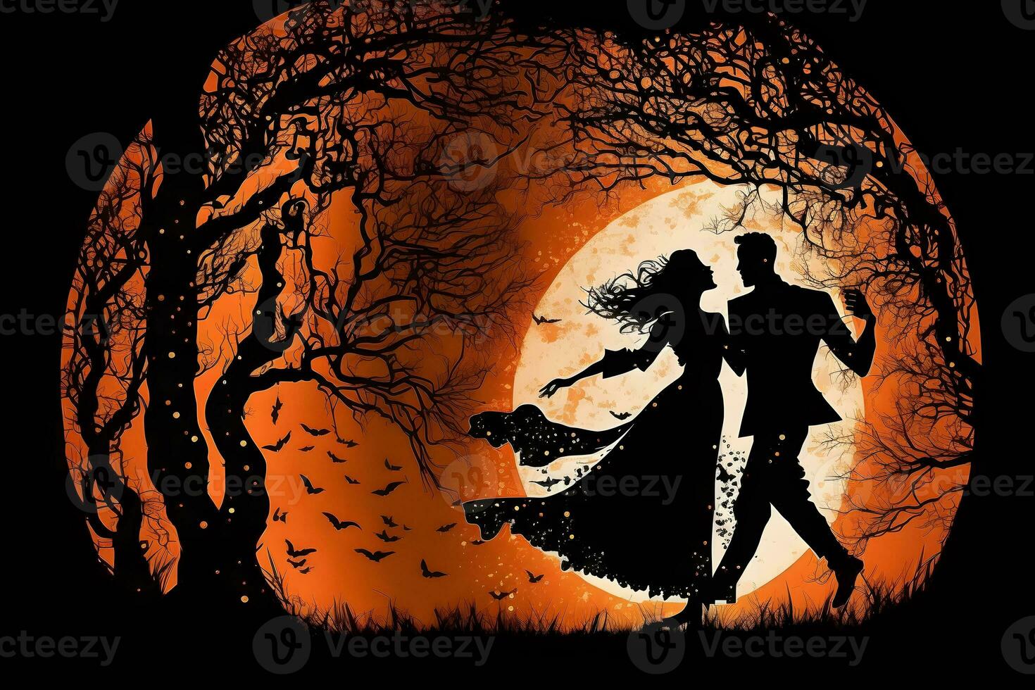 Silhouette of dancing couple in halloween style. Neural network AI generated photo