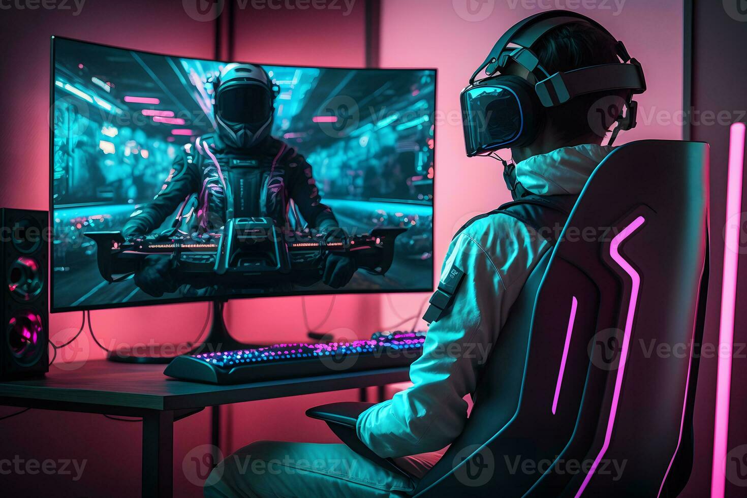 Premium AI Image  A futuristic PC gamer busy in a virtual reality world  surrounded by neon lights advanced technology