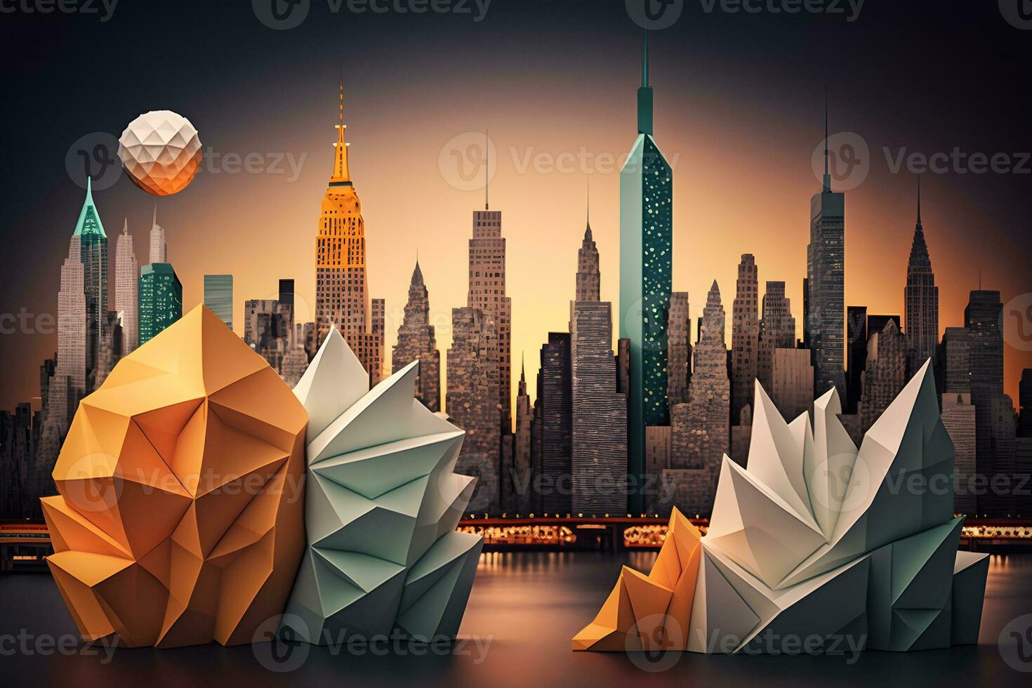 View of the city of New York from paper in the style of origami. Neural network AI generated photo