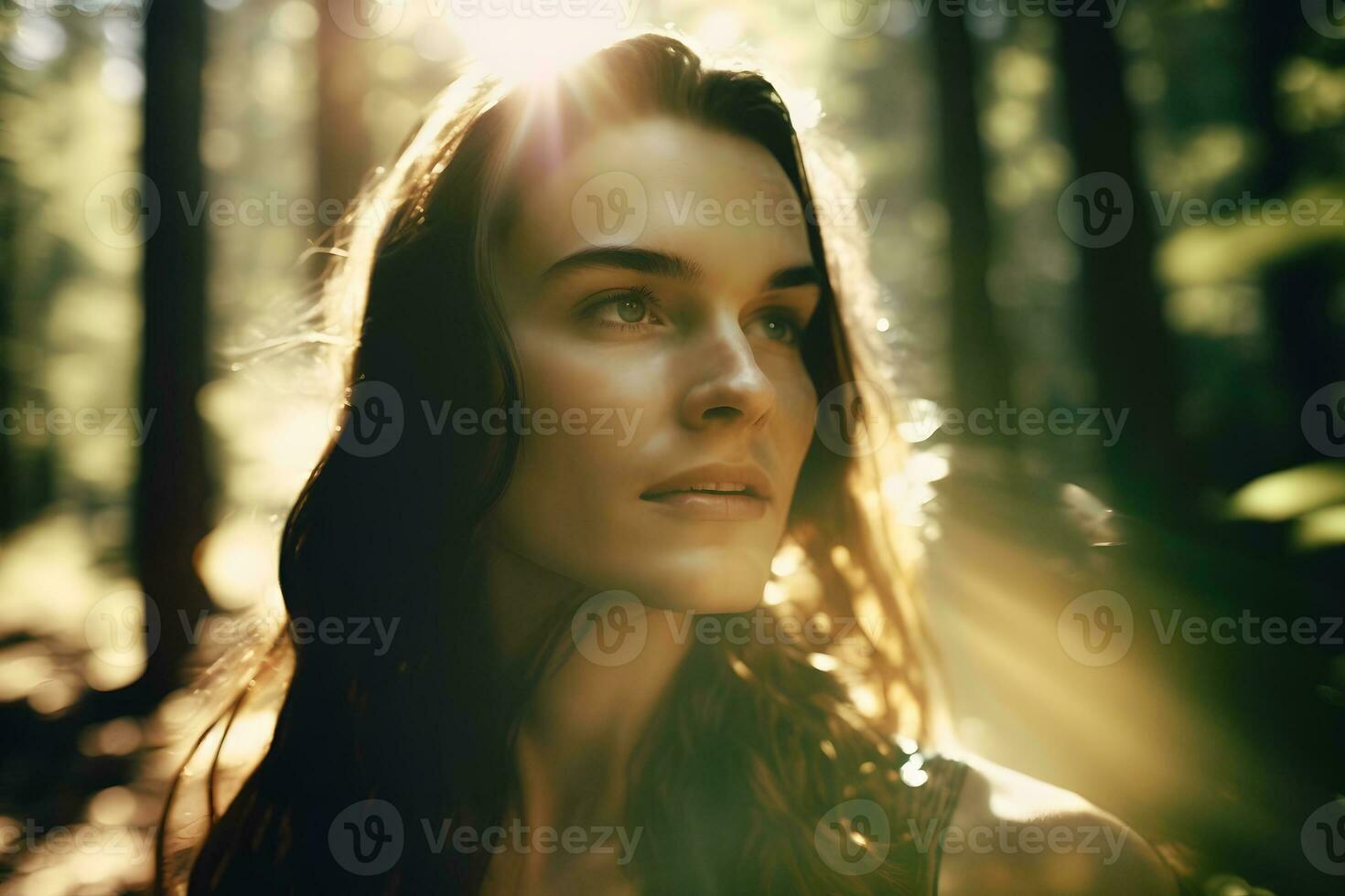 Portrait of a traveler girl in the forest. Neural network AI generated photo