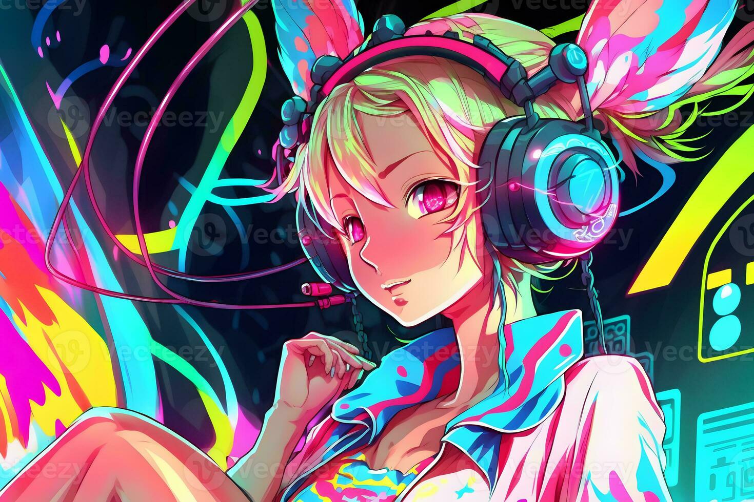 futuristic anime style girl listening to music with headphones. Neural network AI generated photo