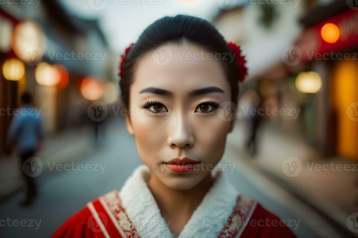 retrato de un japonés mujer en nacional ropa. neural red ai generado foto