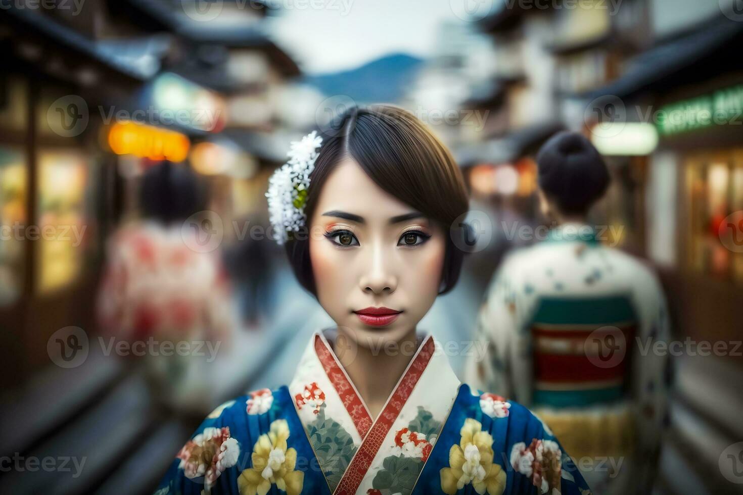 retrato de un japonés mujer en nacional ropa. neural red ai generado foto