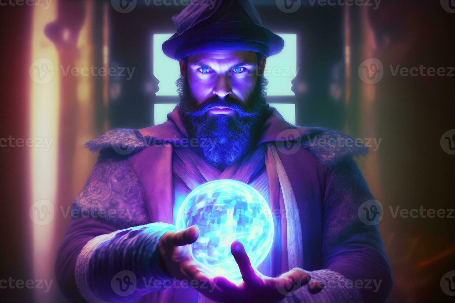 hombre con un místico brillante orbe a significar fuerza, magia, espiritualidad y entonces adelante. neural red ai generado foto