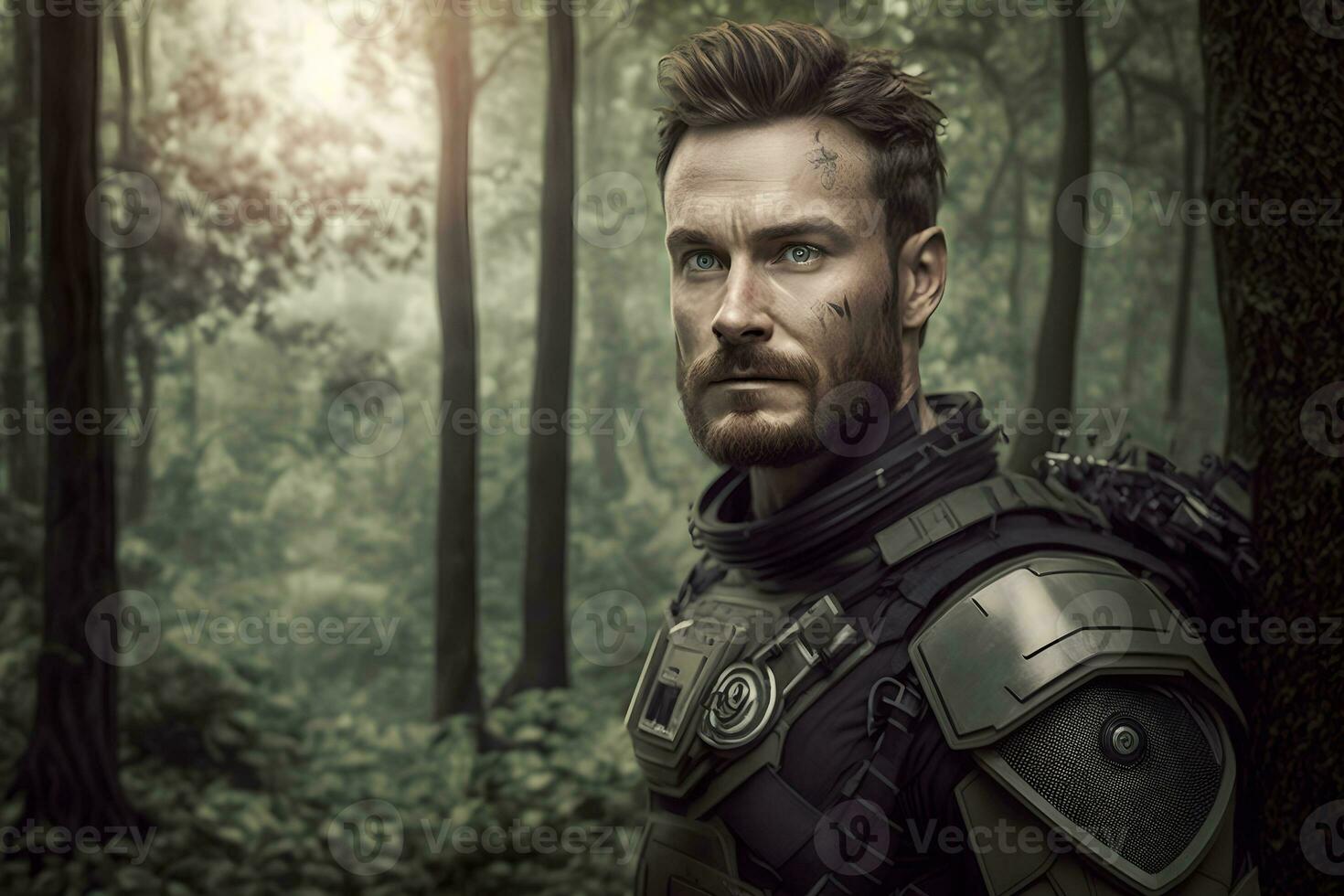 Futuristic soldier on a mission in the jungle. Neural network AI generated photo