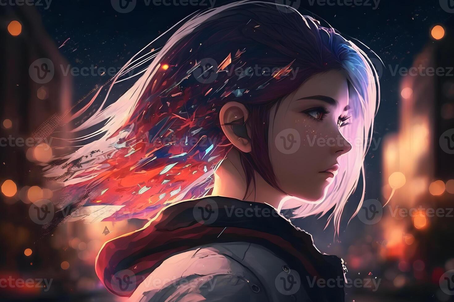 A beautiful cyberpunk girl stands against the backdrop of the night city of the future. Cyberpunk concept. Neural network AI generated photo
