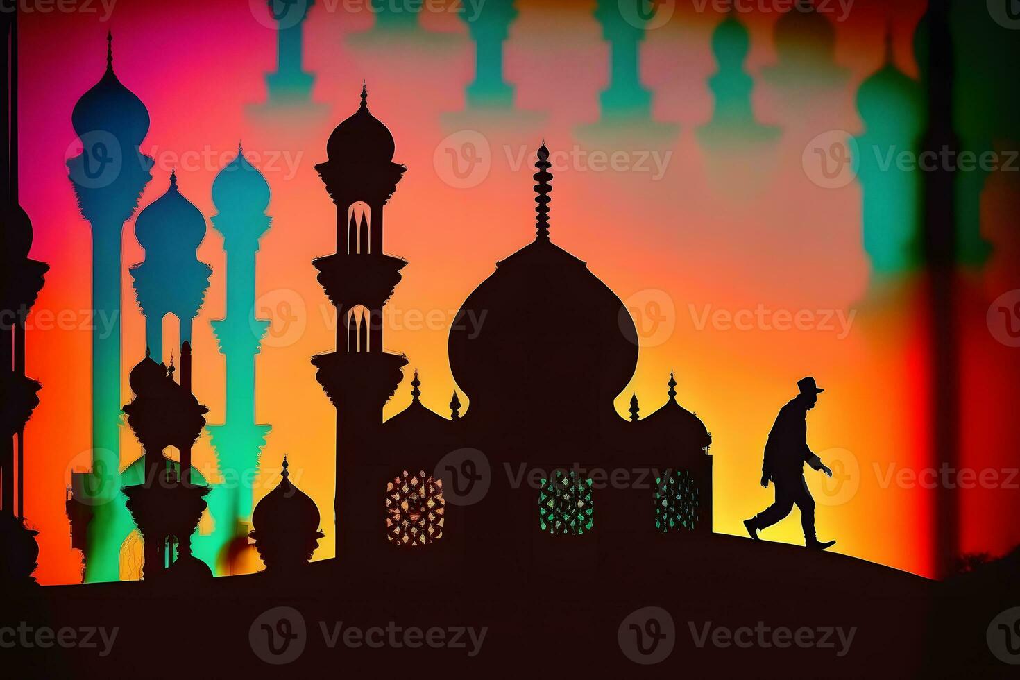 Silhouette Suleymaniye Mosque in Sunset City. Neural network AI generated photo