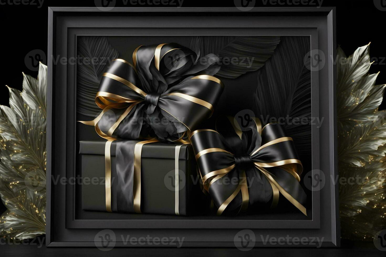Black gift boxes with gold ribbon on dark background. Neural network AI generated photo
