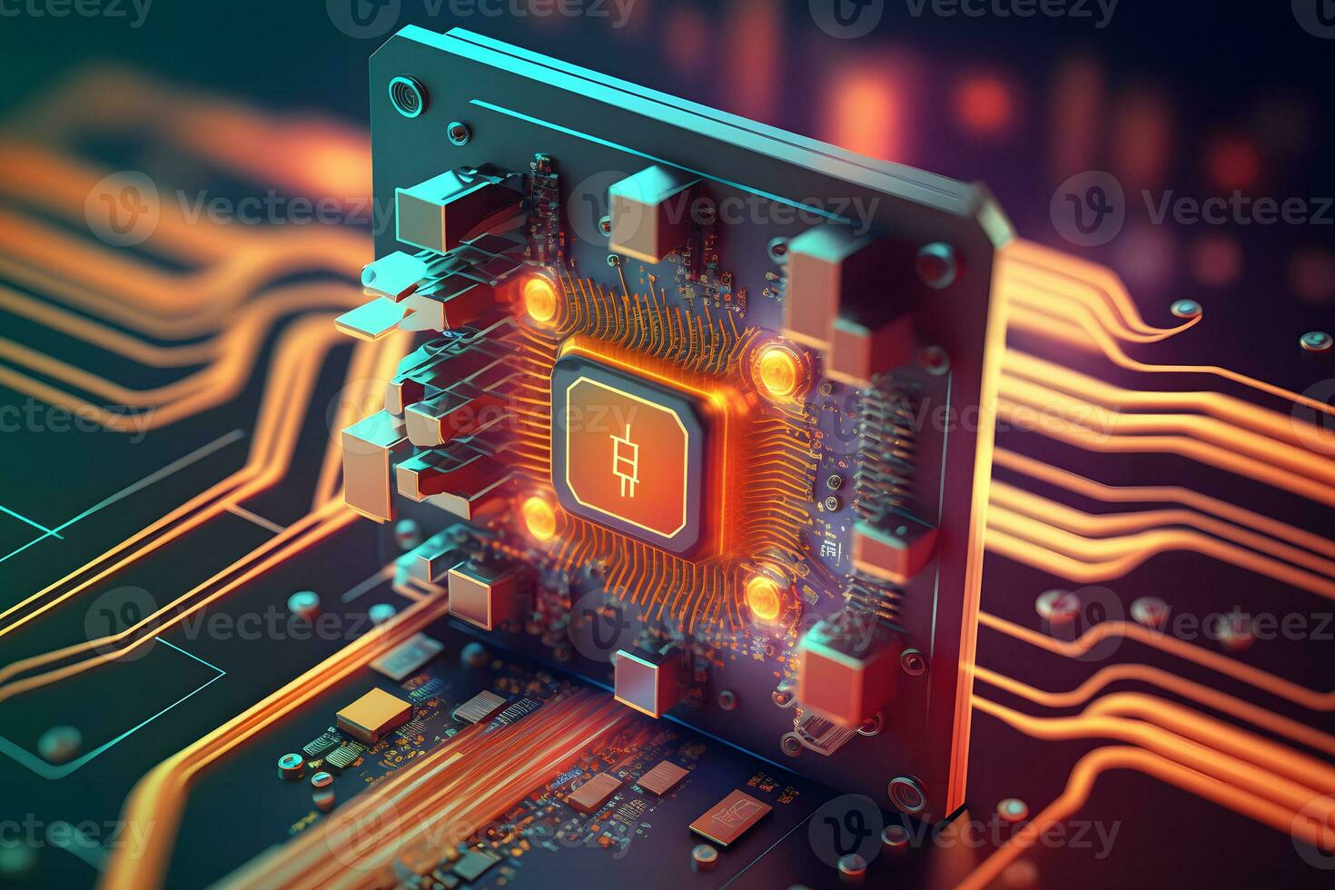 A board with chips and a gaming graphics card processor. Progressive cooling system for the video chip, processor and memory. Computer Details. Neural network AI generated photo