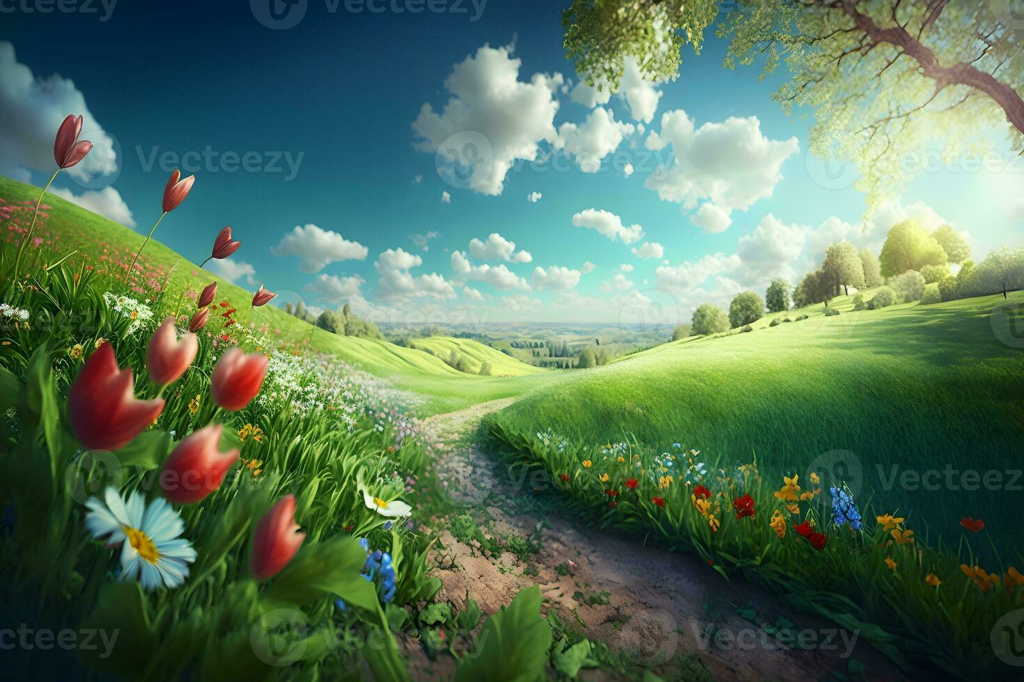 Beautiful landscape with green field and wild tulips under blue cloudy sky. Neural network AI generated photo