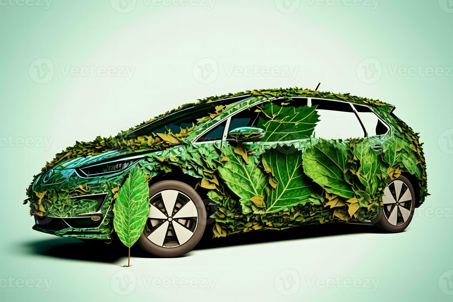 Concept of a ecology car made from green leaves. Neural network AI generated photo