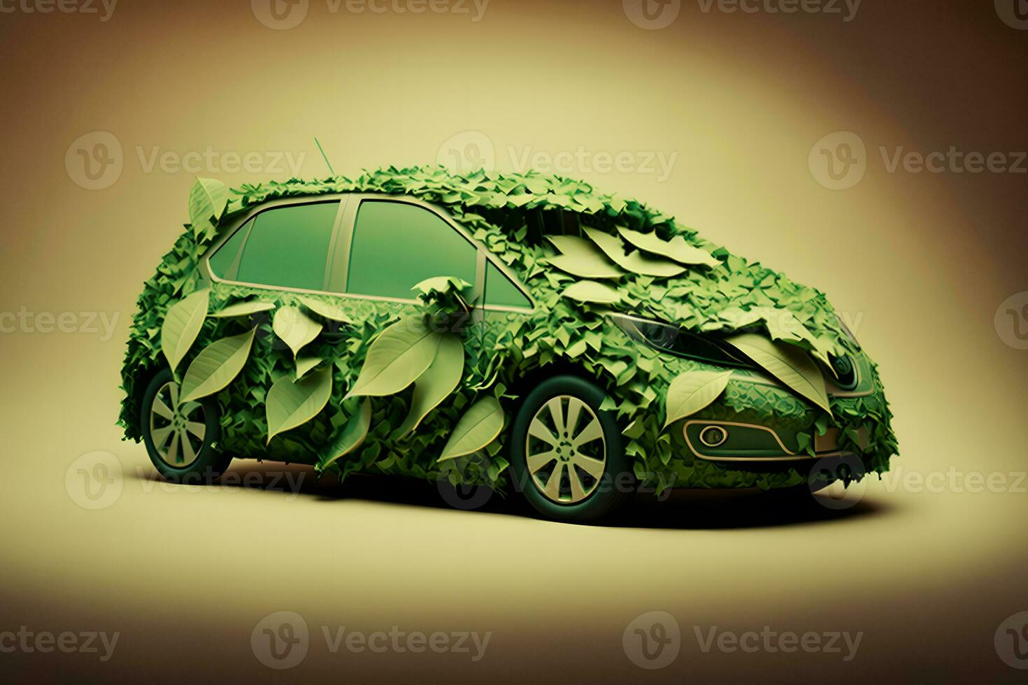Concept of a ecology car made from green leaves. Neural network AI generated photo