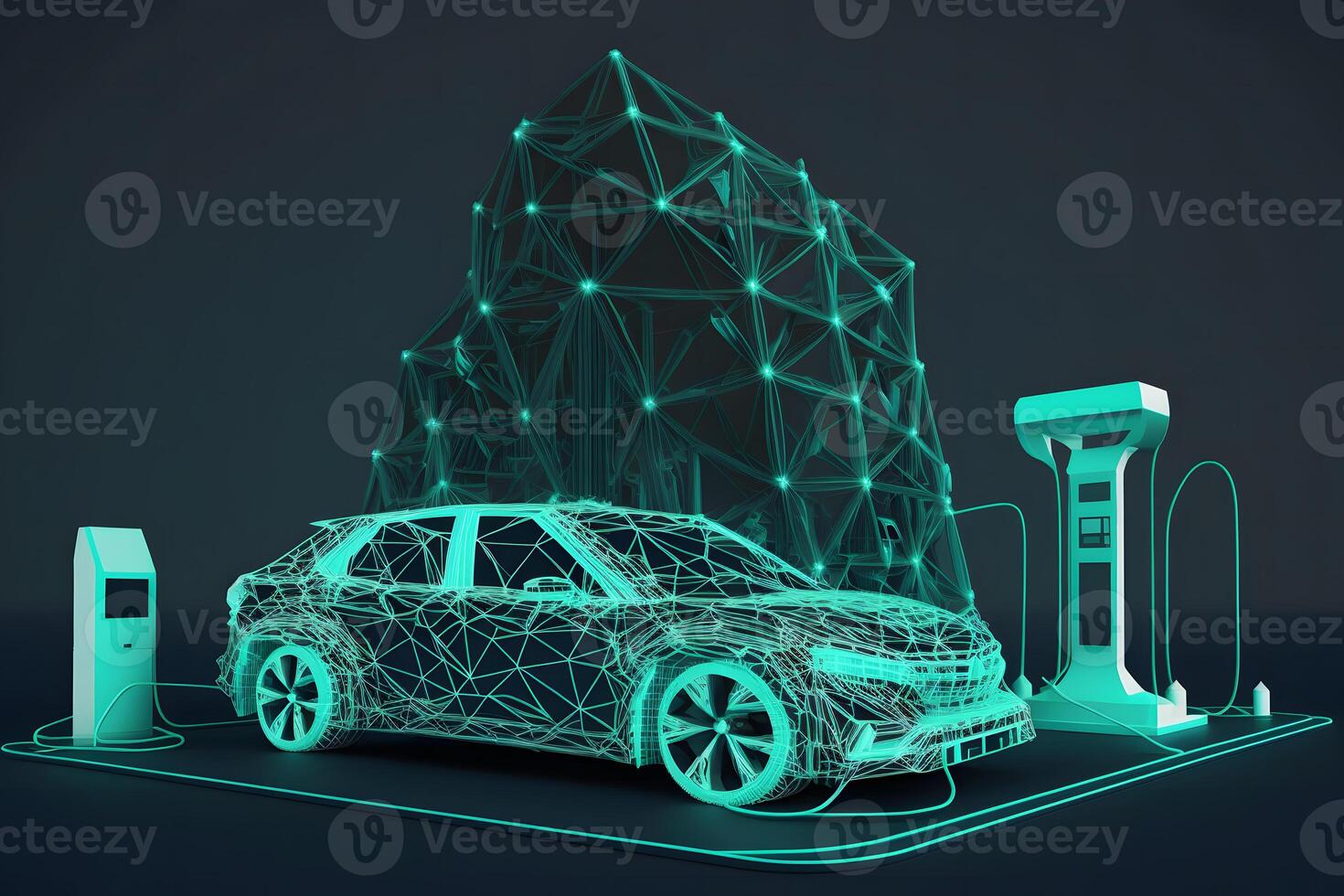 Electric car charging concept in green environment. Neural network AI generated photo