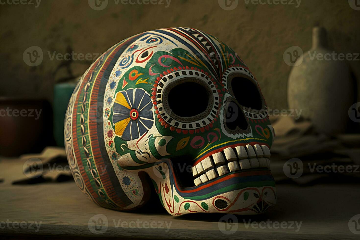 Halloween Dia De Los Muertos Celebration With Sugar Skull. Neural network AI generated photo