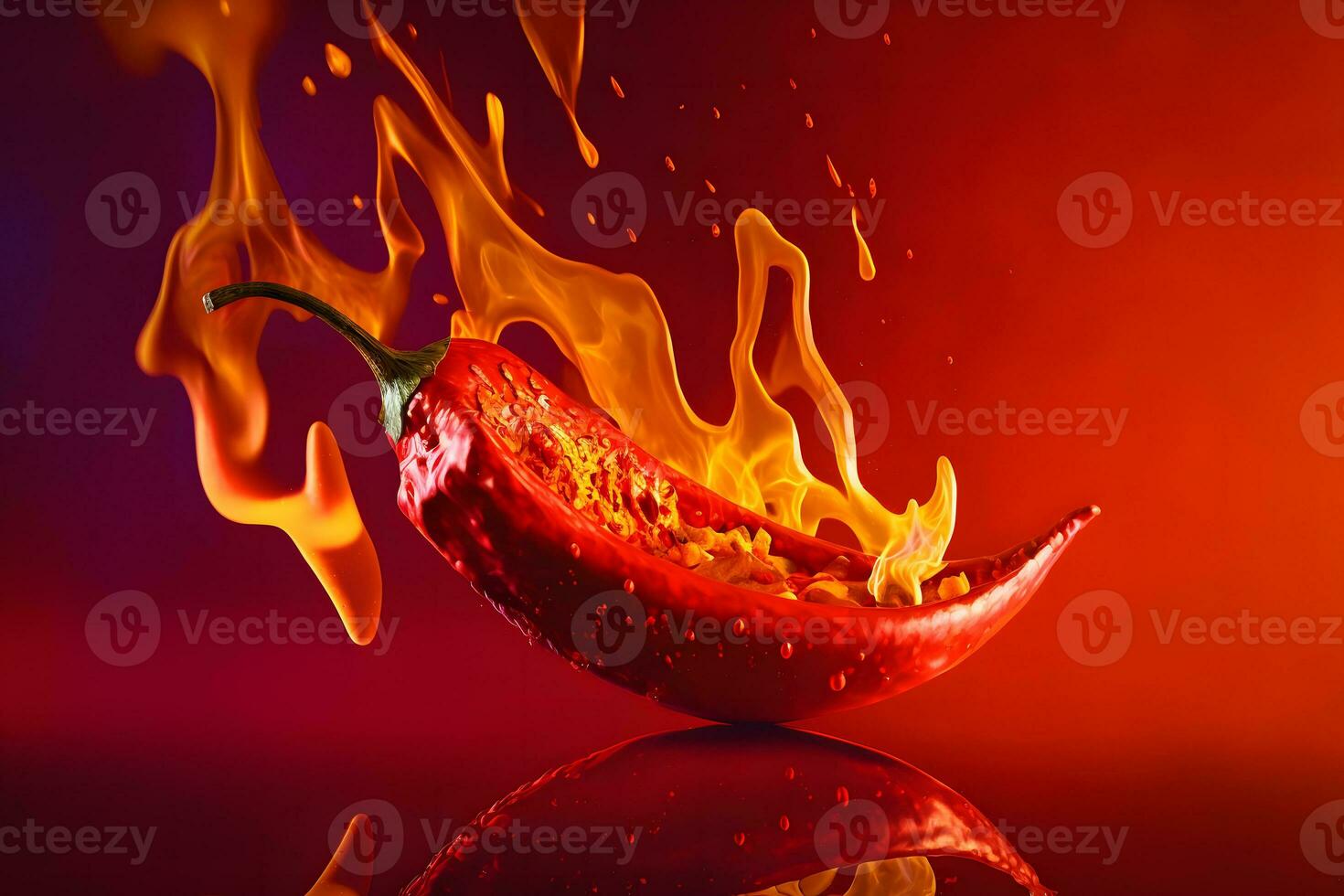 Fresh red chilli pepper in fire as a symbol of burning feeling of spicy food and spices. Red background. Neural network AI generated photo