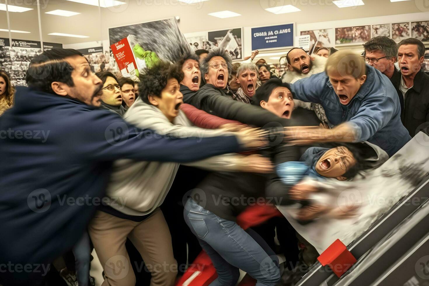 Crowd of people on black friday fighting for promotional goods. Neural network AI generated photo