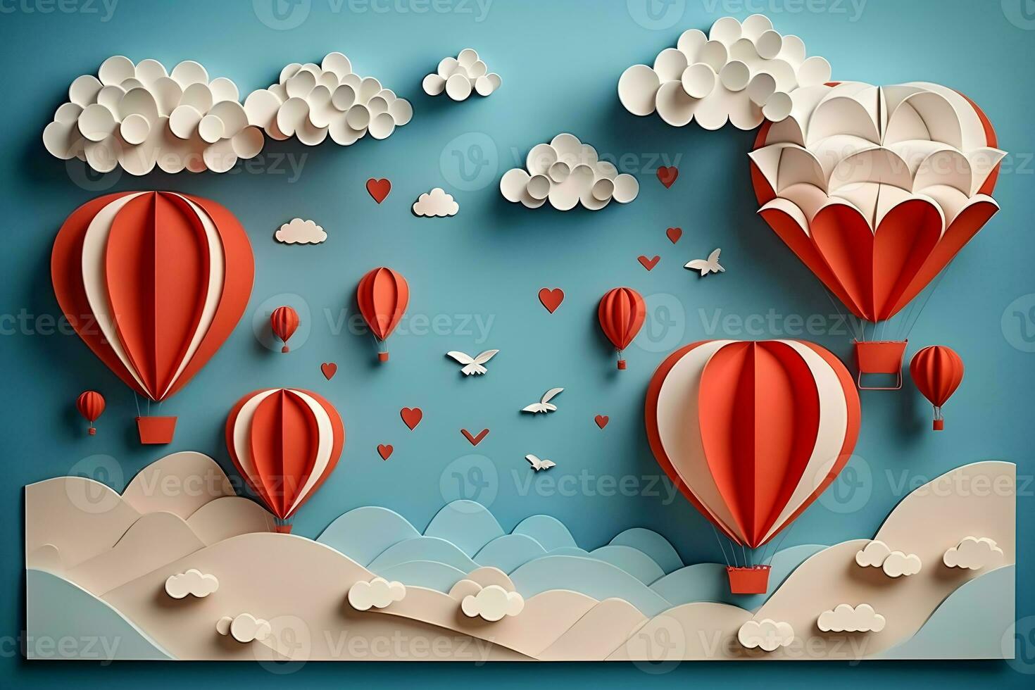Hot air balloon, space elements shapes cut from paper. Creative concept for banner, landing, background designs. Neural network AI generated photo